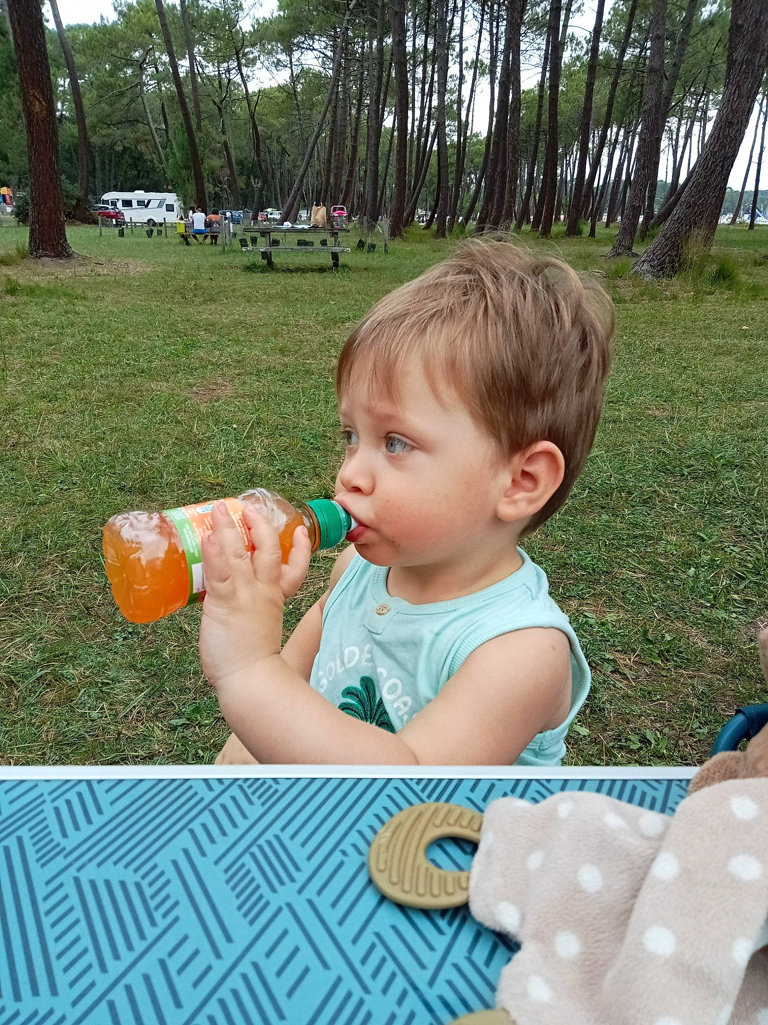 Thélio a rejoint le concours — aidez-le/la à gagner de superbes lots ! baby, baby_toddler_clothing, bottle, carbonated_soft_drinks, child, drink, drinking, drinking_water, drinkware, food, fun, grass, happy, leisure, person, plant, plastic_bottle, recreation, summer, toddler