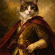 Fluffy joined the competition — help win amazing prizes! cat, portrait, historic_clothing, cloak, gloves, noble, costume, animal_portrait, painting_style, brown, yellow, vintage, feline, regal, artistic, fur, detailed, face, whiskers, eyes