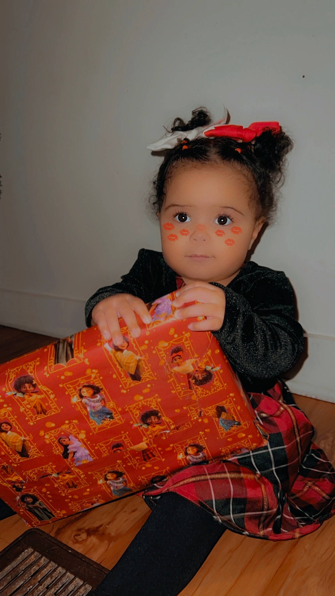 Khloe joined the competition — help win amazing prizes! baby, baby_toddler_clothing, child, costume, day_dress, fashion_design, headband, headpiece, orange, pattern, peach, person, plaid, polka_dot, room, sitting, sleeve, tartan, toddler, wood