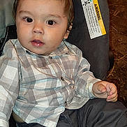 Ernesto joined the competition — help win amazing prizes! baby, child, closeup, clothing, curious, cushion, face, hand, indoor, pants, person, plaid_shirt, portrait, seated, shoe, skin, stroller, toddler, warning_label, young_child