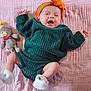 Meadow joined the competition — help win amazing prizes! baby, infant, blanket, green_clothing, headband, orange_headband, teddy_bear, toy, soft_texture, pink_background, white_socks, smiling, happy, lying_down, cute, child, small_toy, cozy, fabric, portrait