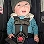 Silas is registered to the contest to win money with this photo: baby, infant, child, car_seat, harness, buckle, seatbelt_strap, beanie, knit_hat, hat_label, wide_eyes, rosy_cheeks, blue_sweater, hand, legs, cozy, safety_label, portrait, cute, looking_up