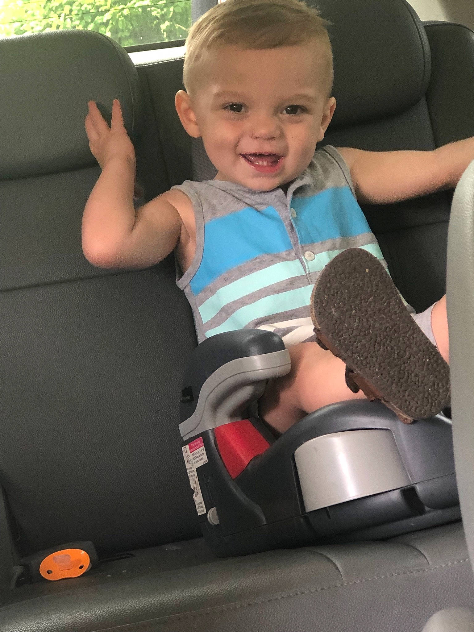 Caysen joined the competition — help win amazing prizes! arm, auto_part, baby_in_car_seat, car_seat, car_seat_cover, child, driving, head_restraint, person, seat_belt, toddler