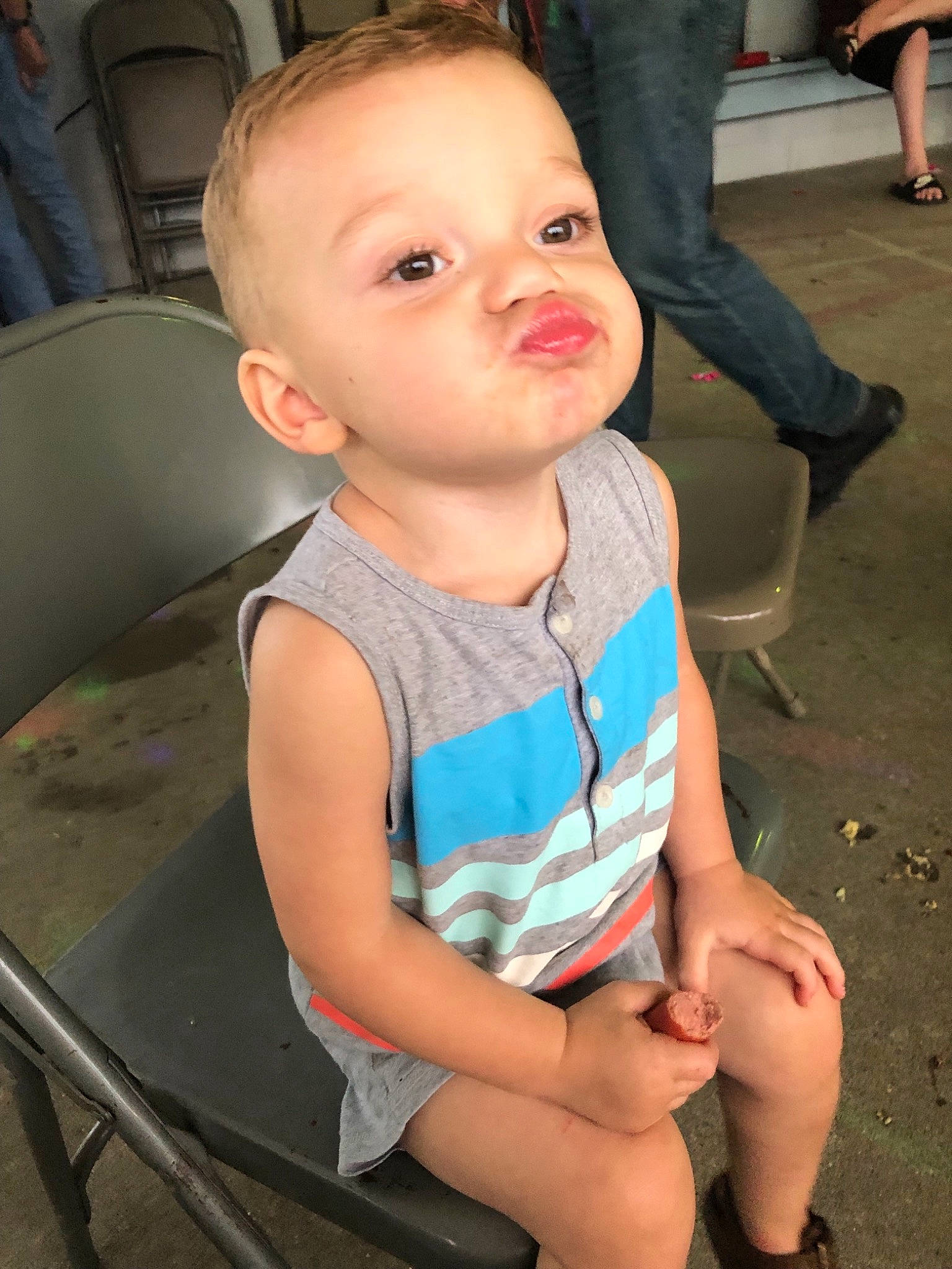 Caysen joined the competition — help win amazing prizes! cheek, child, chin, face, headwear, leg, neck, person, sitting, skin, smile, toddler