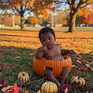 Dominque is registered to the contest to win money with this photo: baby, pumpkin, autumn, fall_leaves, grass, outdoor, child, nature, seasonal, cute, decoration, orange, green, tree, park, baby_boy, sitting, leaf, holiday, festive
