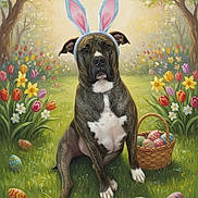 Louie joined the competition — help win amazing prizes! dog, bunny_ears, easter_eggs, basket, grass, flowers, tulips, daffodils, spring, garden, painting, portrait, animal, cute, festive, colorful, nature, outdoor, holiday, whimsical