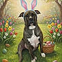dog, bunny_ears, easter_eggs, basket, grass, flowers, tulips, daffodils, spring, garden, painting, portrait, animal, cute, festive, colorful, nature, outdoor, holiday, whimsical