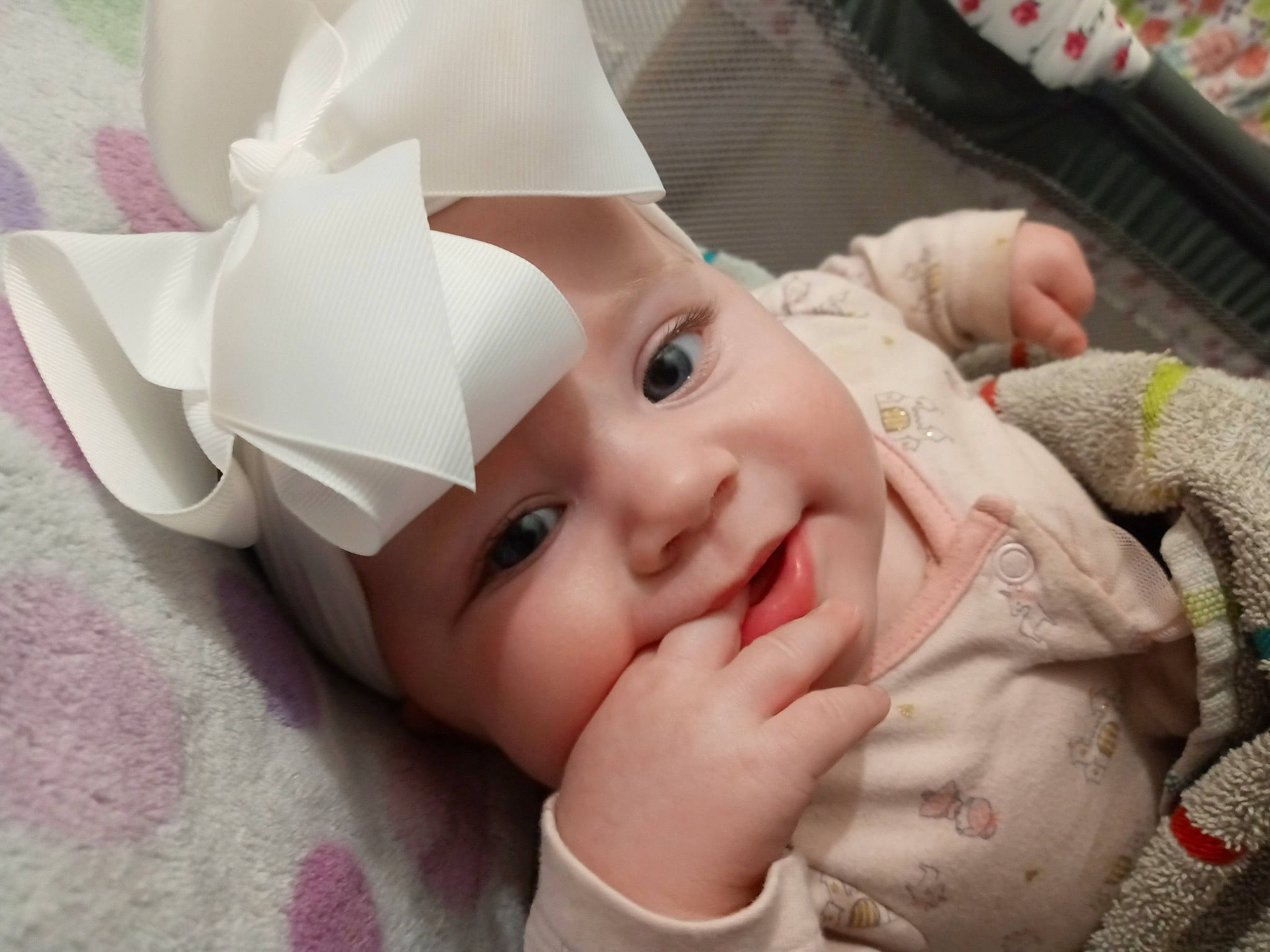 Adalynn is registered to the contest to win money with this photo: baby, baby_toddler_clothing, cheek, child, comfort, eyebrow, eyelash, facial_expression, finger, gesture, happy, headgear, headwear, lip, mouth, nail, person, pink, skin, smile