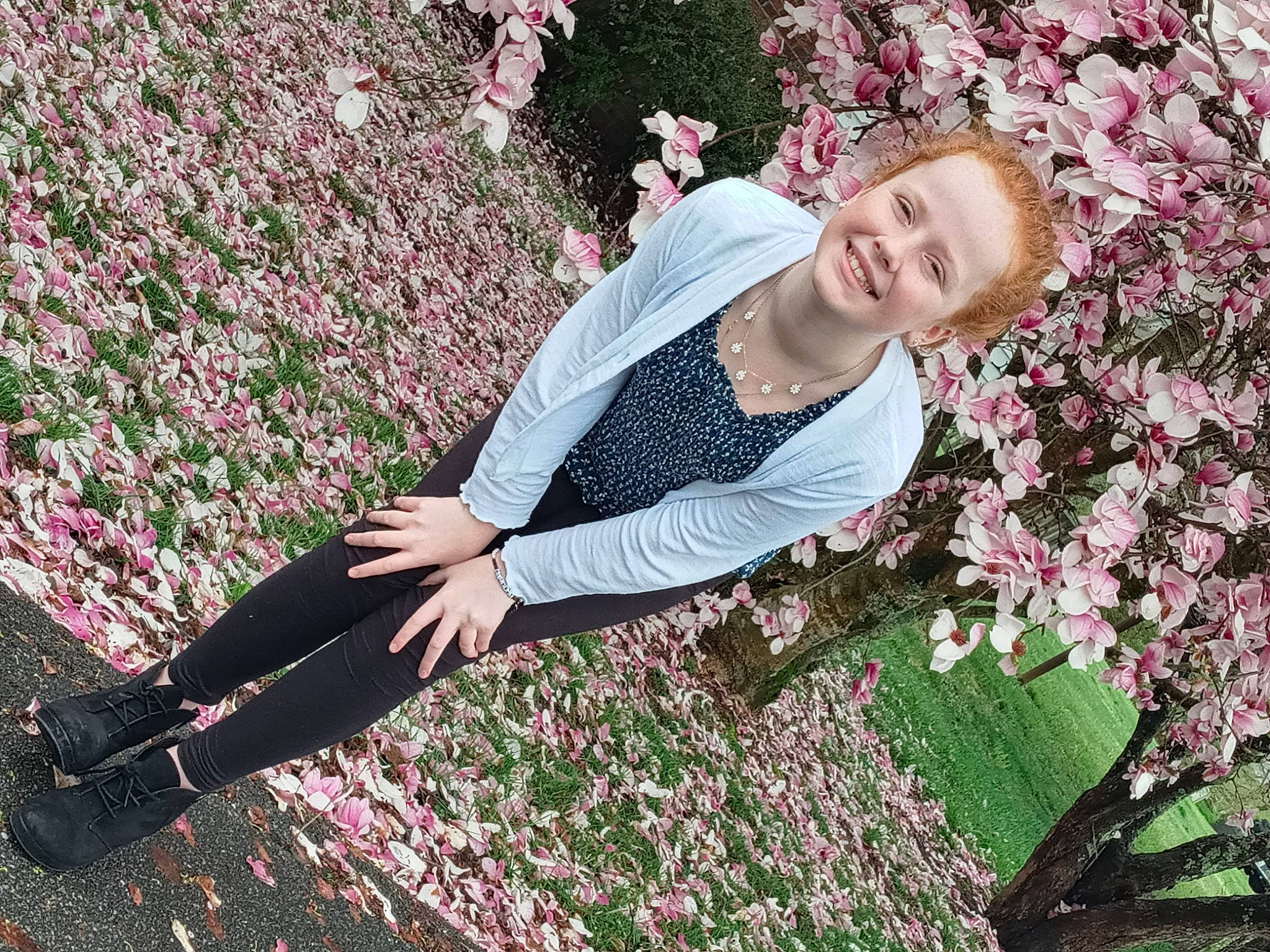 Abigail joined the competition — help win amazing prizes! botany, branch, flower, flowering_plant, grass, groundcover, hairstyle, happy, human_body, joy, leg, magenta, people_in_nature, person, petal, pink, plant, smile, street_fashion, textile