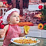 toddler, child, chef_hat, apron, bread, spaghetti, plate, glass_table, kitchen_theme, vegetables, red_checkered, background, food, cute, sitting, indoors, portrait, baby, cooking, table