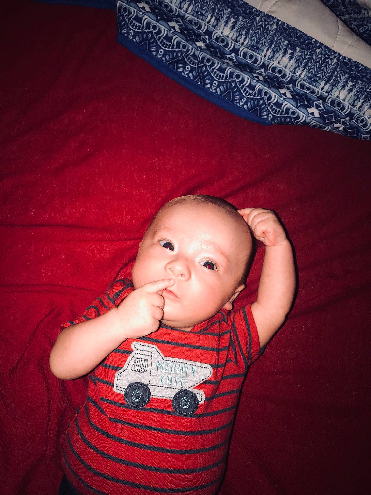 Franklin is registered to the contest to win money with this photo: baby, baby_toddler_clothing, cheek, comfort, eye, finger, flash_photography, gesture, hand, human_body, iris, lip, mouth, neck, nose, organ, person, pink, shoulder, skin