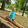 child, toddler, boy, blue_shirt, stick, log, tree, park, grass, outdoor, happy, smiling, nature, daylight, playing, casual_clothing, person, wood, leisure, fun