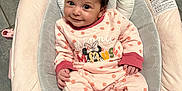 Adalina joined the competition — help win amazing prizes! baby, infant, smile, face, clothing, pajamas, socks, pink, gray, baby_seat, floor_tiles, cute, child, person, indoor, portrait, happy, looking_at_camera, soft_fabric, minnie_mouse