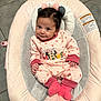 baby, infant, smile, face, clothing, pajamas, socks, pink, gray, baby_seat, floor_tiles, cute, child, person, indoor, portrait, happy, looking_at_camera, soft_fabric, minnie_mouse