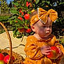 baby, child, apple, orchard, basket, blanket, headband, dress, outdoor, fruit, nature, greenery, sunlight, cute, sitting, toddler, seasonal, harvest, plant, leaf