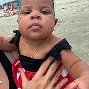 Kailani joined the competition — help win amazing prizes! baby, child, beach, sand, umbrella, polka_dot, dress, hand, person, outdoor, summer, sky, water, vacation, cute, portrait, young, people, sunshade, holding