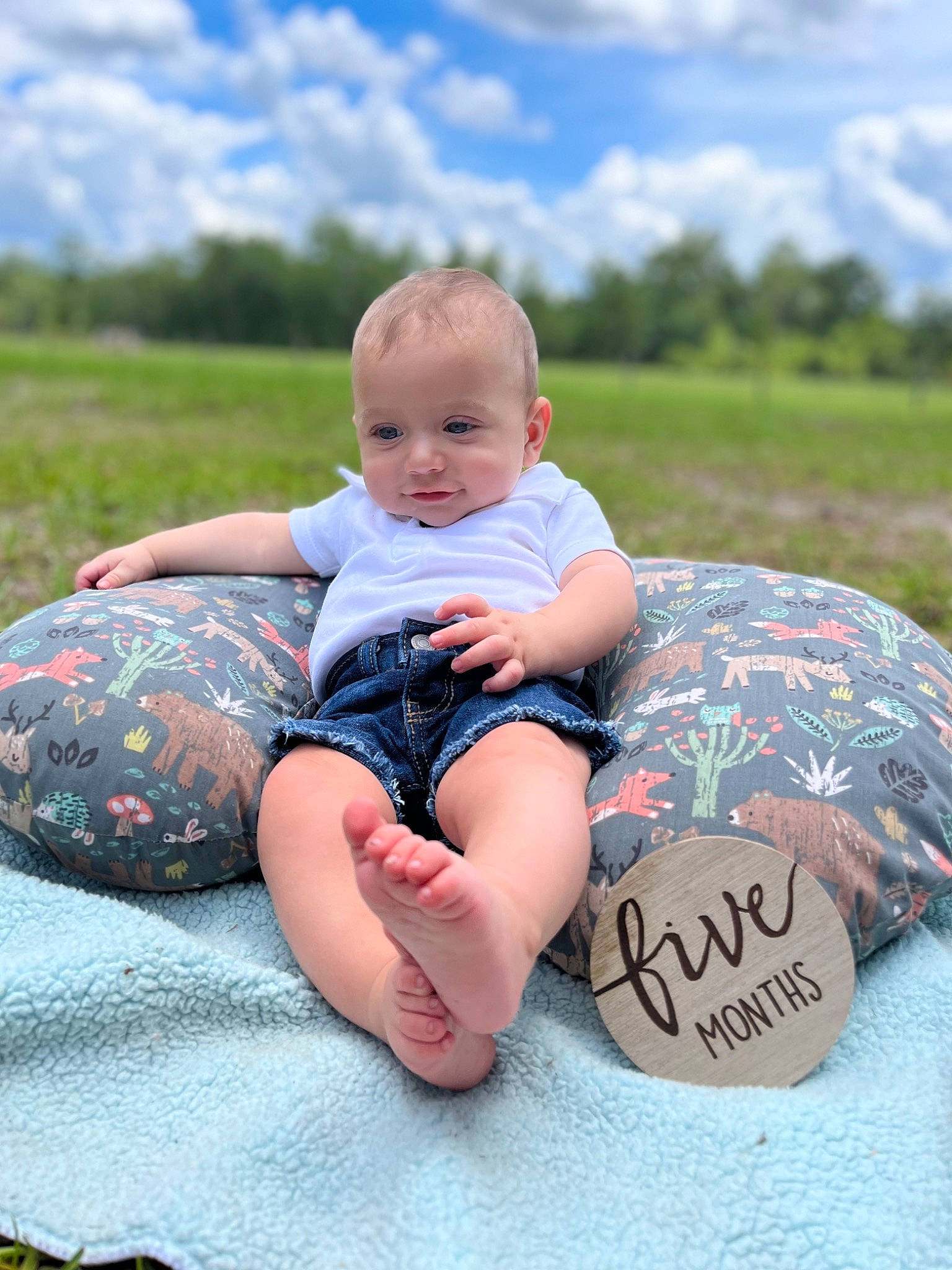 Hudson is registered to the contest to win money with this photo: azure, baby, baby_toddler_clothing, cloud, facial_expression, flash_photography, fun, grass, grassland, hairstyle, happy, leisure, person, plant, shorts, skin, sky, summer, thigh, toddler
