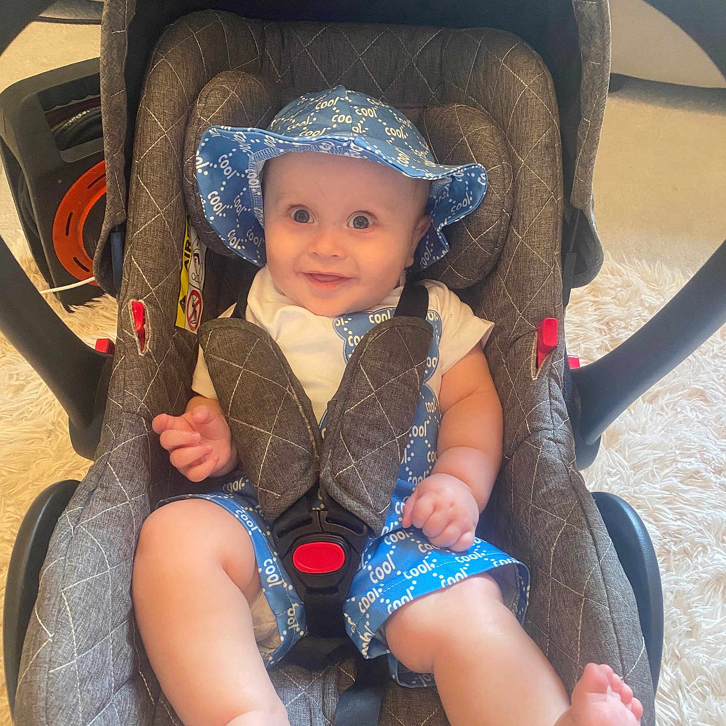 Reegan joined the competition — help win amazing prizes! baby, blue_hat, car_seat, car_seat_handle, child, clothing, cushion, cute, fabric, foot, hand, happy, headwear, indoor, infant, person, seat_belt, sitting, smiling, toy