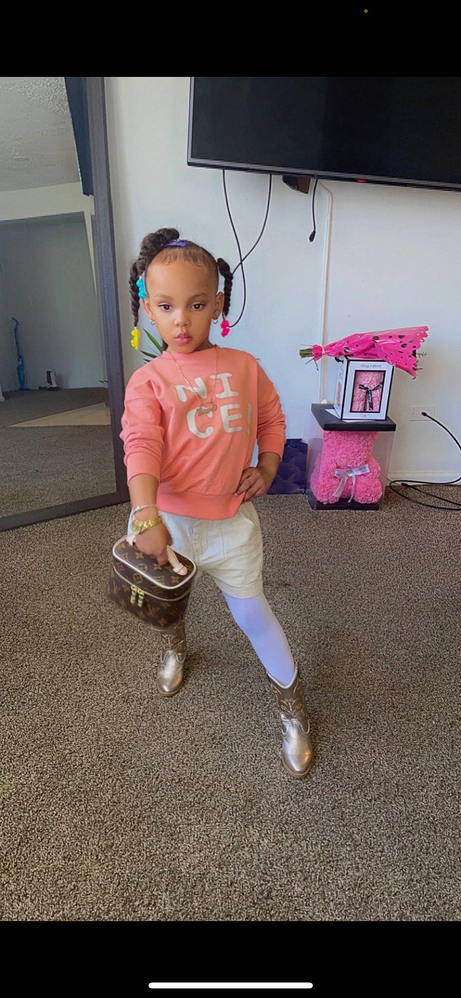 Layah joined the competition — help win amazing prizes! baby_toddler_clothing, bag, child, door, floor, flooring, fun, happy, hardwood, human_leg, knee, magenta, person, play, room, sleeve, sneakers, sock, t_shirt, toddler