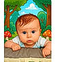 Alexis participe au concours pour gagner de l'argent avec cette photo : baby, cartoon_background, digital_art, forest, mushrooms, trees, child, cushion, blue_eyes, infant, cute, red_hair, nature, outdoor_scene, fantasy, illustration, colorful, playful, portrait, young_child