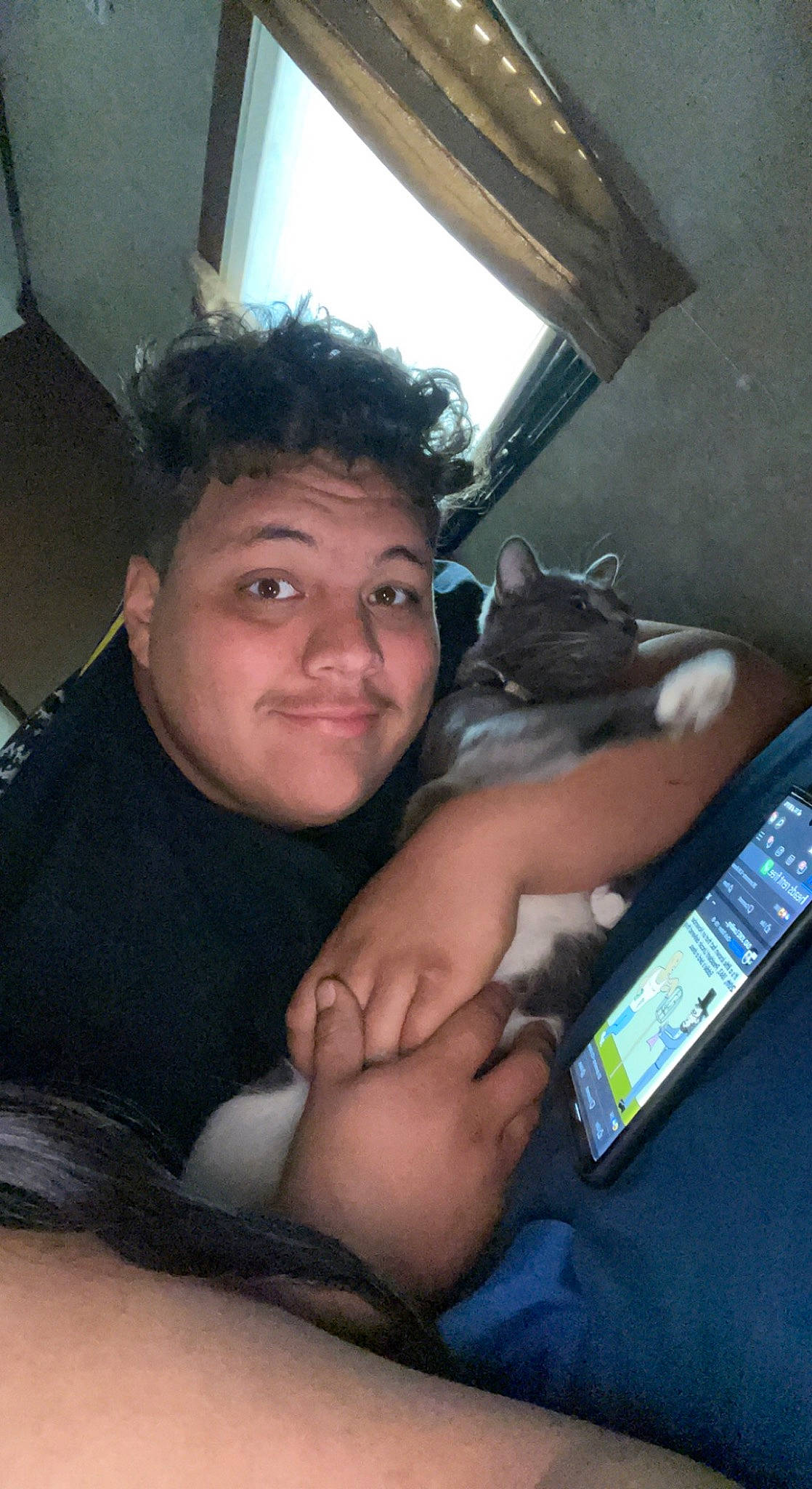 Punkin joined the competition — help win amazing prizes! arm, black_hair, cat, chest, comfort, cool, elbow, felidae, finger, fun, gadget, gesture, hairstyle, lap, leg, mobile_phone, tablet_computer, thigh, thumb, trunk