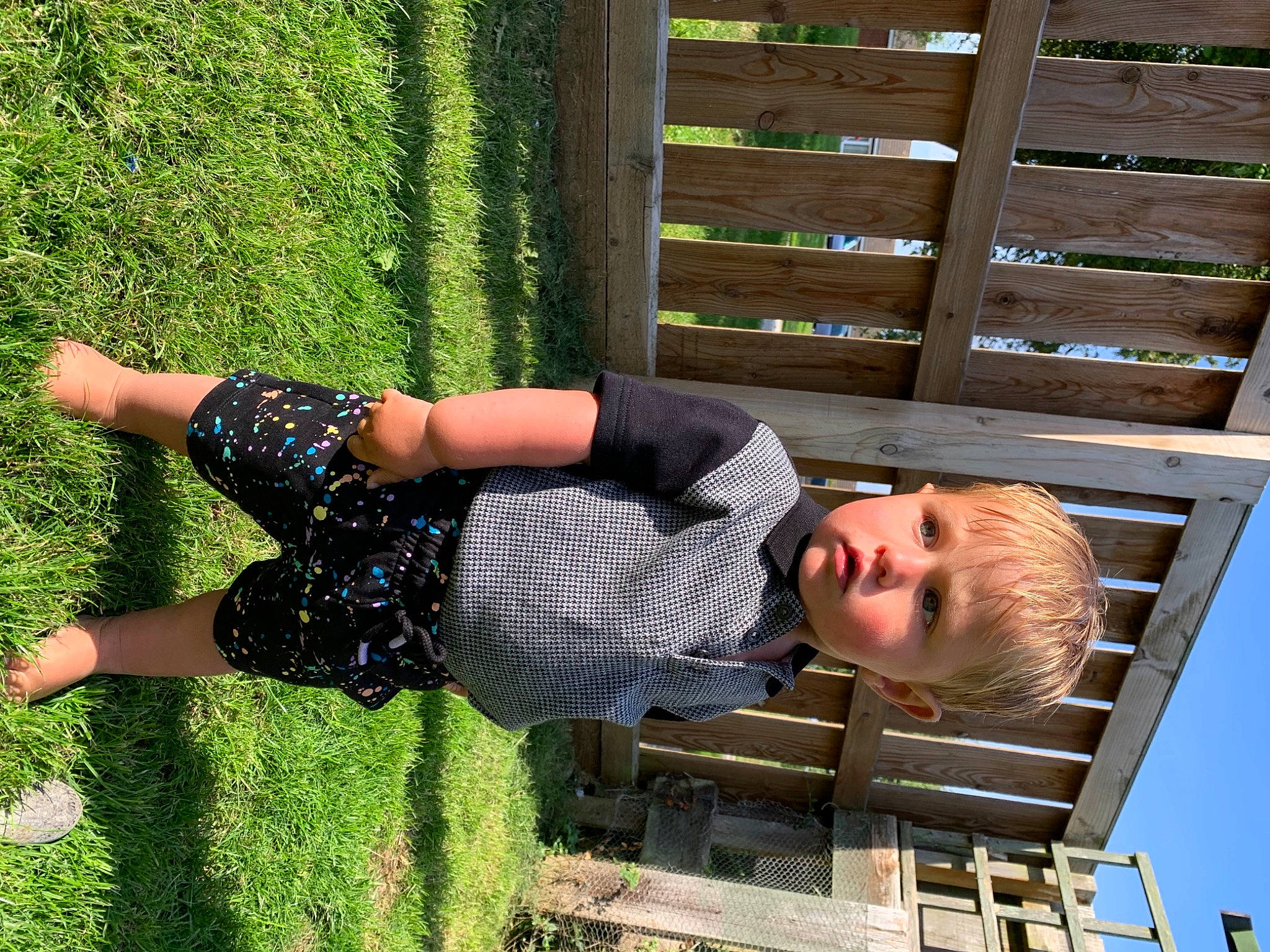 Cruz is registered to the contest to win money with this photo: fun, grass, green, happy, human_leg, knee, leisure, pattern, people_in_nature, person, plant, street_fashion, t_shirt, thigh, toddler, tree, wood