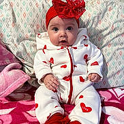 Cheyenne is registered to the contest to win money with this photo: baby, infant, red_headband, onesie, love_hearts, red_socks, blanket, pink, white, patterned, cute, sitting, indoors, soft_toys, cozy, portrait, child, face, clothing, happy