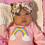 Samantha Lior joined the competition — help win amazing prizes! baby, infant, child, portrait, lying_down, pink_blanket, floral_headband, bow, rainbow, pink_clothing, onesie, wide_eyes, face, indoors, soft_blanket, nursery, close_up, adorable, colorful, sleeping_area