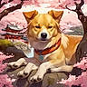 Maxamillion joined the competition — help win amazing prizes! animal, calm, cherry_blossoms, collar, cute, dog, flowers, fluffy, landscape, nature, outdoor, pagoda, pink, resting, rock, scenic, serene, spring, traditional_architecture, tree