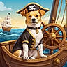 Maxamillion is registered to the contest to win money with this photo: adventure, animal, animal_portrait, boat, canine, cartoon_style, costume, dog, flag, mast, nautical, ocean, pirate_costume, pirate_hat, sailing, sea, ship, sky, steering_wheel, water