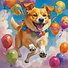animal, balloons, blue, celebration, clouds, collar, colorful, dog, festive, floating, green, happy, joyful, jumping, orange, pink, playful, purple, sky, yellow