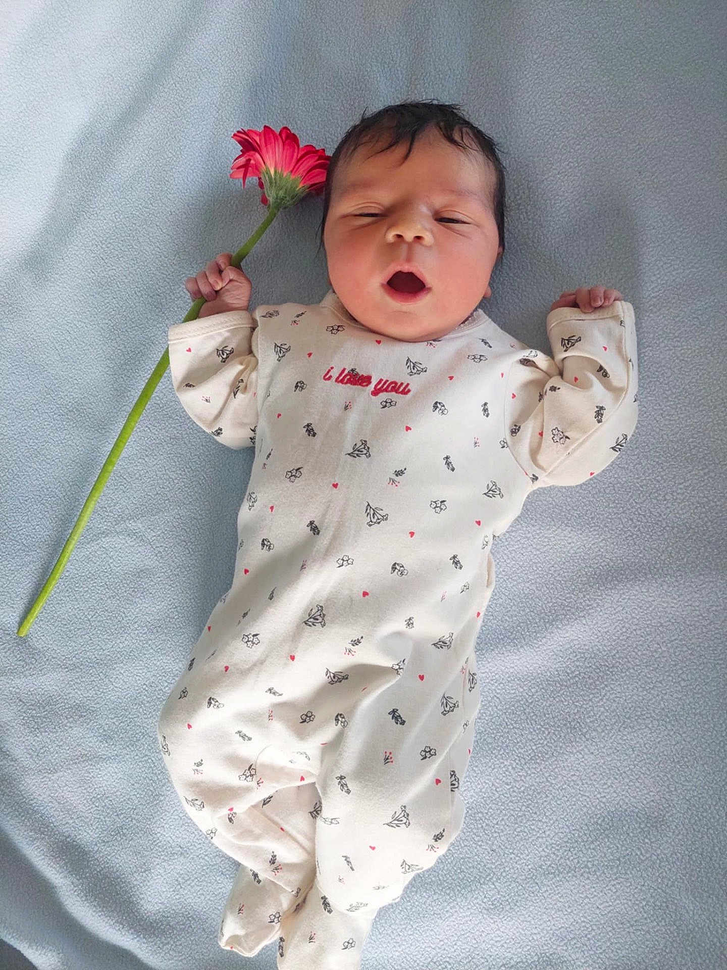 Ayla Boufares participe au concours pour gagner de l'argent avec cette photo : baby, infant, flower, blanket, onesie, sleepy, cute, soft, peaceful, lying_down, hand, pink_flower, patterned_clothing, newborn, cozy, portrait, child, indoor, skin, head