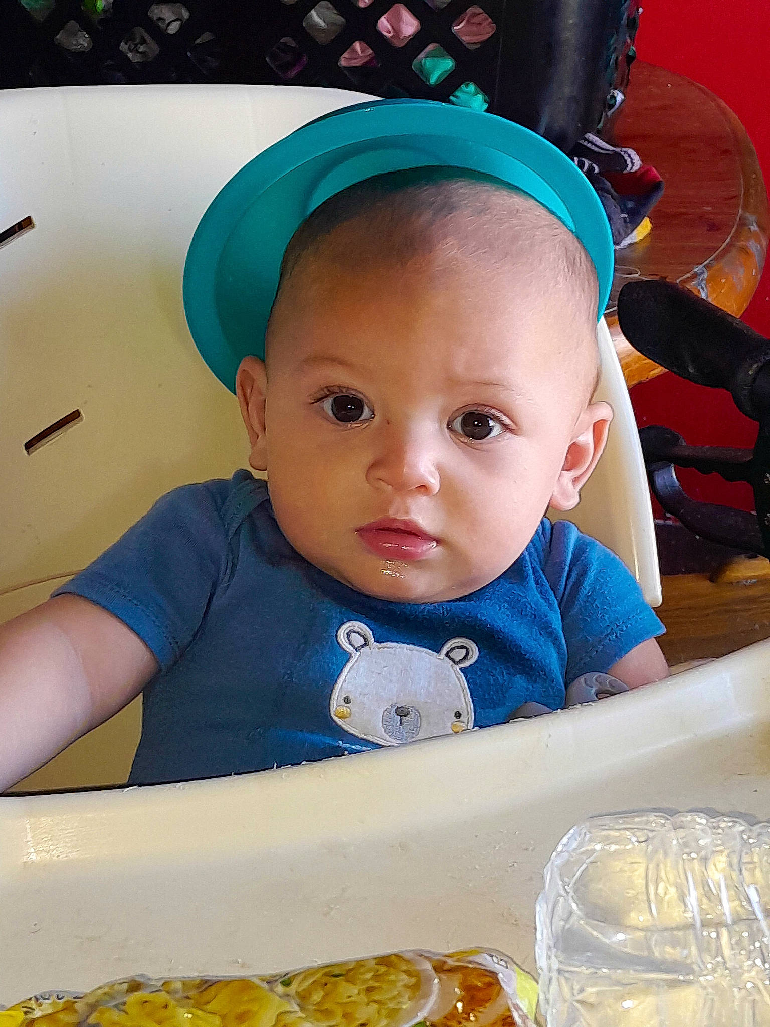 Archie is registered to the contest to win money with this photo: baby, baby_toddler_clothing, baseball_cap, blue, cap, child, comfort_food, costume_hat, eye, facial_expression, fashion_accessory, food, fun, happy, iris, person, sitting, skin, toddler, white