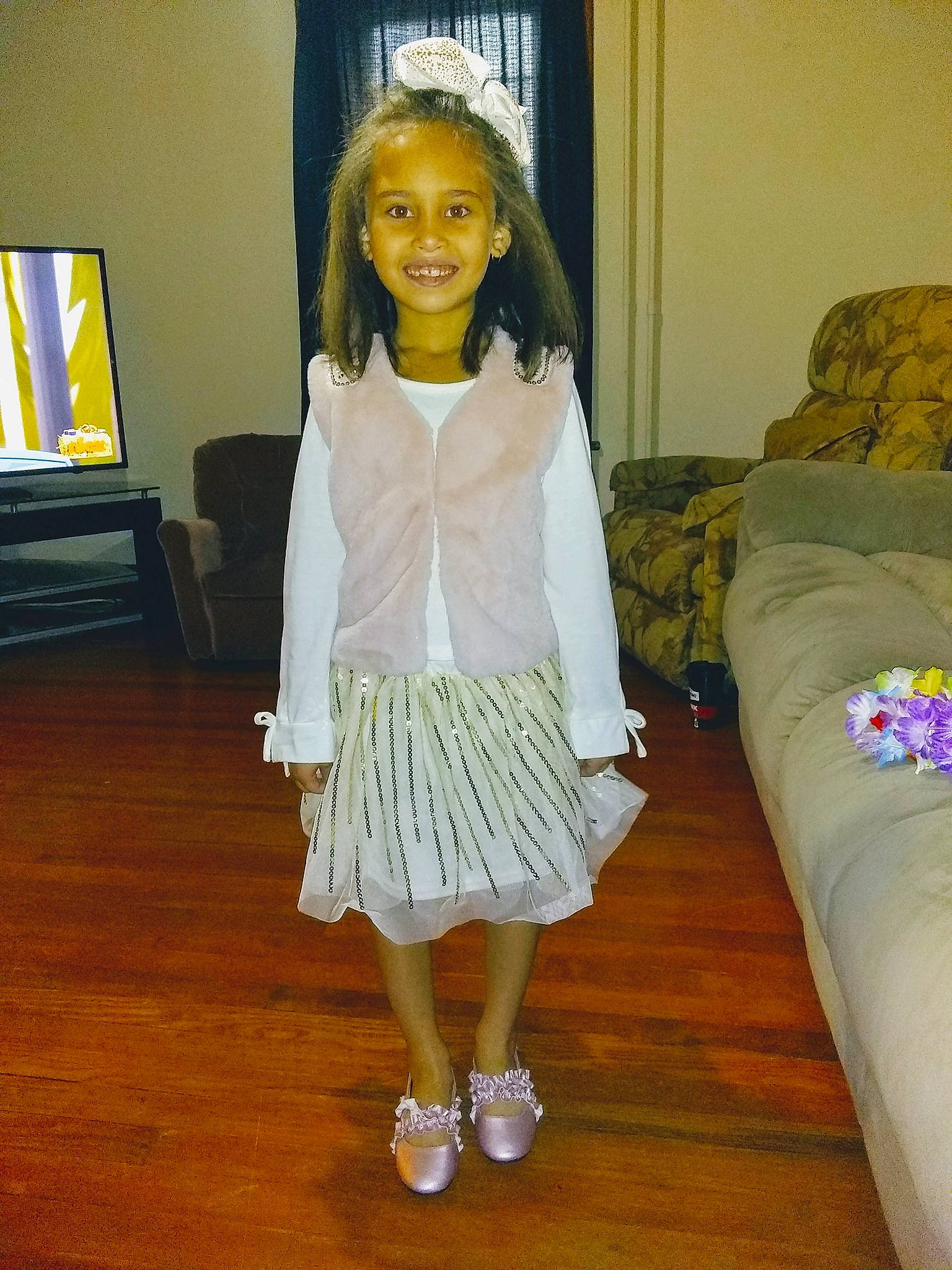 Aleigha is registered to the contest to win money with this photo: clothing, dress, fashion_design, joy, leg, person, room, shoe, white