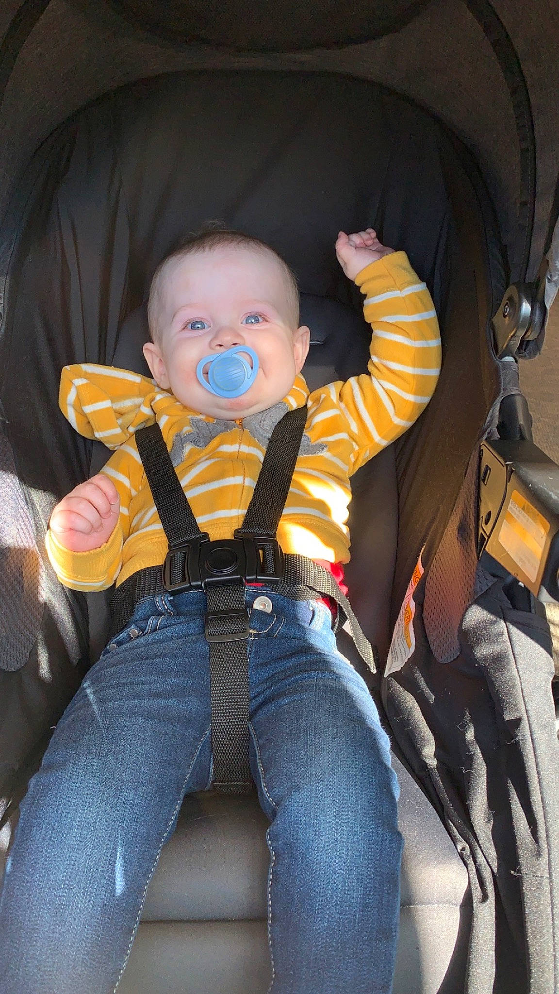 Leighton joined the competition — help win amazing prizes! auto_part, baby, baby_carriage, baby_products, baby_toddler_clothing, comfort, denim, electric_blue, finger, fun, human_leg, jeans, lap, leg, outerwear, person, personal_protective_equipment, sitting, thigh, toddler