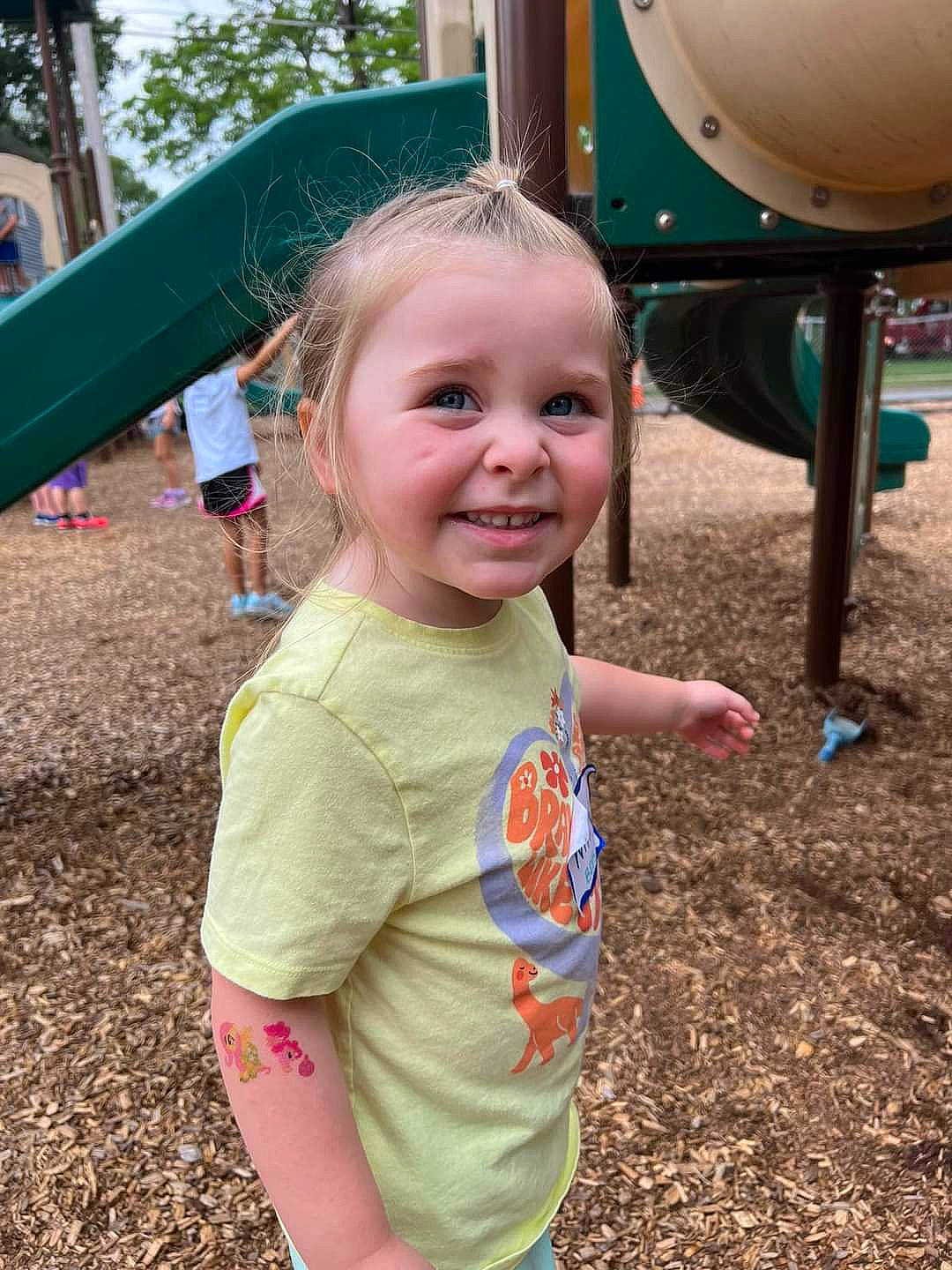 Winry is registered to the contest to win money with this photo: arm, blue, facial_expression, fun, green, happy, human_body, joy, leisure, mammal, mouth, organ, person, pink, playground, public_space, smile, standing, t_shirt, toddler