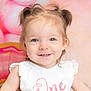 toddler, child, girl, smiling, pigtails, dress, birthday, one, pink, balloons, portrait, happy, face, cute, celebration, party, young_child, indoors, headshot, person