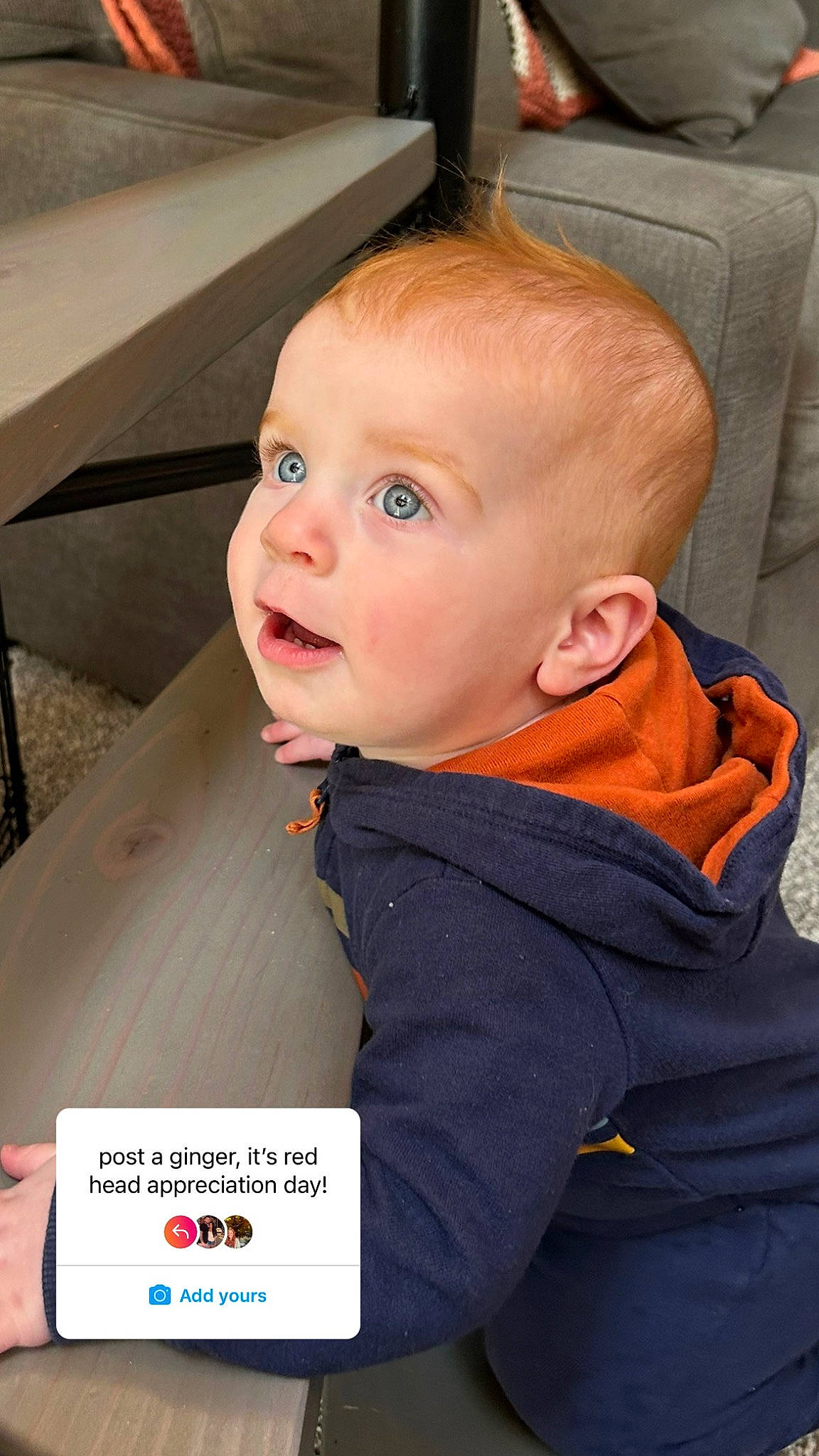 Kamden joined the competition — help win amazing prizes! baby, baby_products, baby_toddler_clothing, chair, cheek, child, comfort, electric_blue, eyelash, fun, iris, neck, nose, person, room, sitting, skin, sleeve, surprise, t_shirt