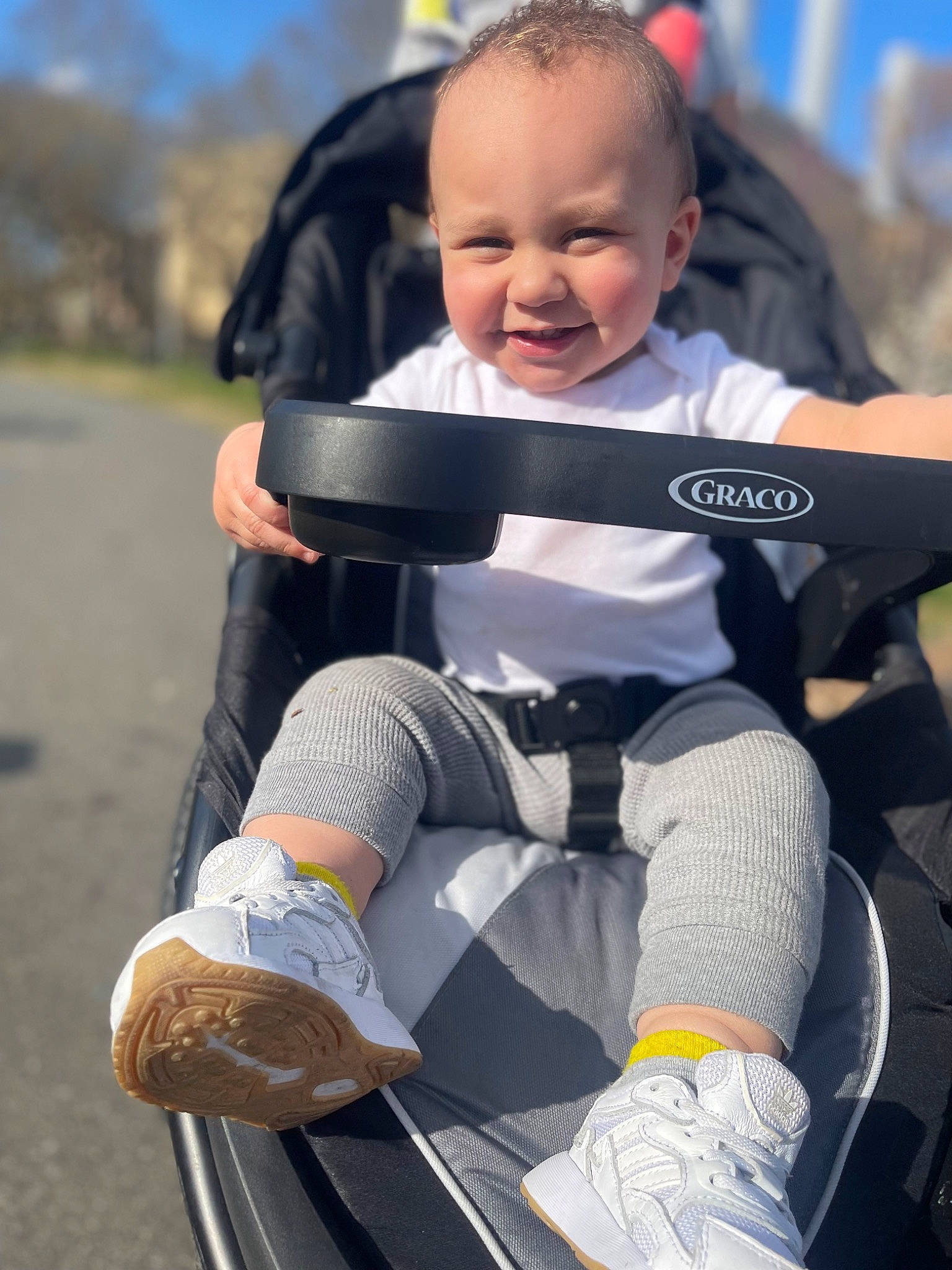 Kaysen joined the competition — help win amazing prizes! auto_part, baby, baby_carriage, baby_products, baby_toddler_clothing, electric_blue, happy, human_leg, knee, leg, person, personal_protective_equipment, recreation, shoe, smile, sneakers, sock, sports_gear, thigh, toddler