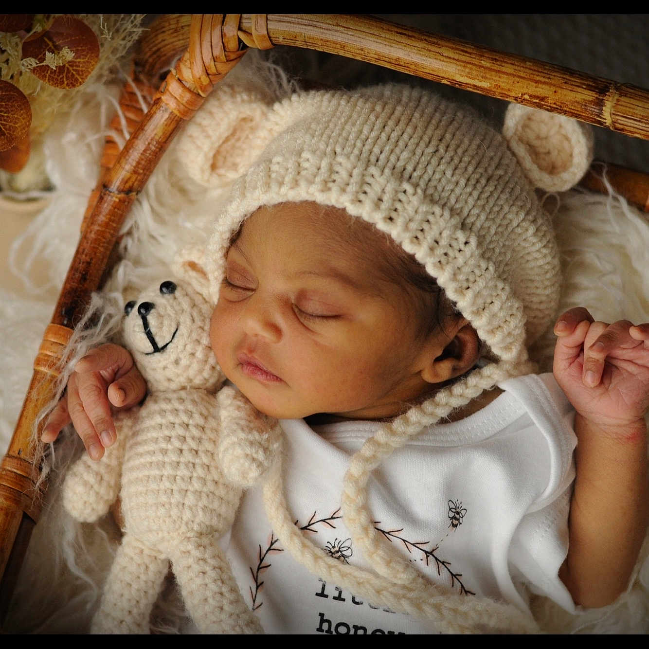 Rose-Shaina joined the competition — help win amazing prizes! baby, bear_ears, blanket, child, cozy, crocheted_toy, cute, face, hand, infant, knitted_hat, newborn, peaceful, portrait, resting, sleeping, soft_texture, teddy_bear, white_clothing, wicker_basket