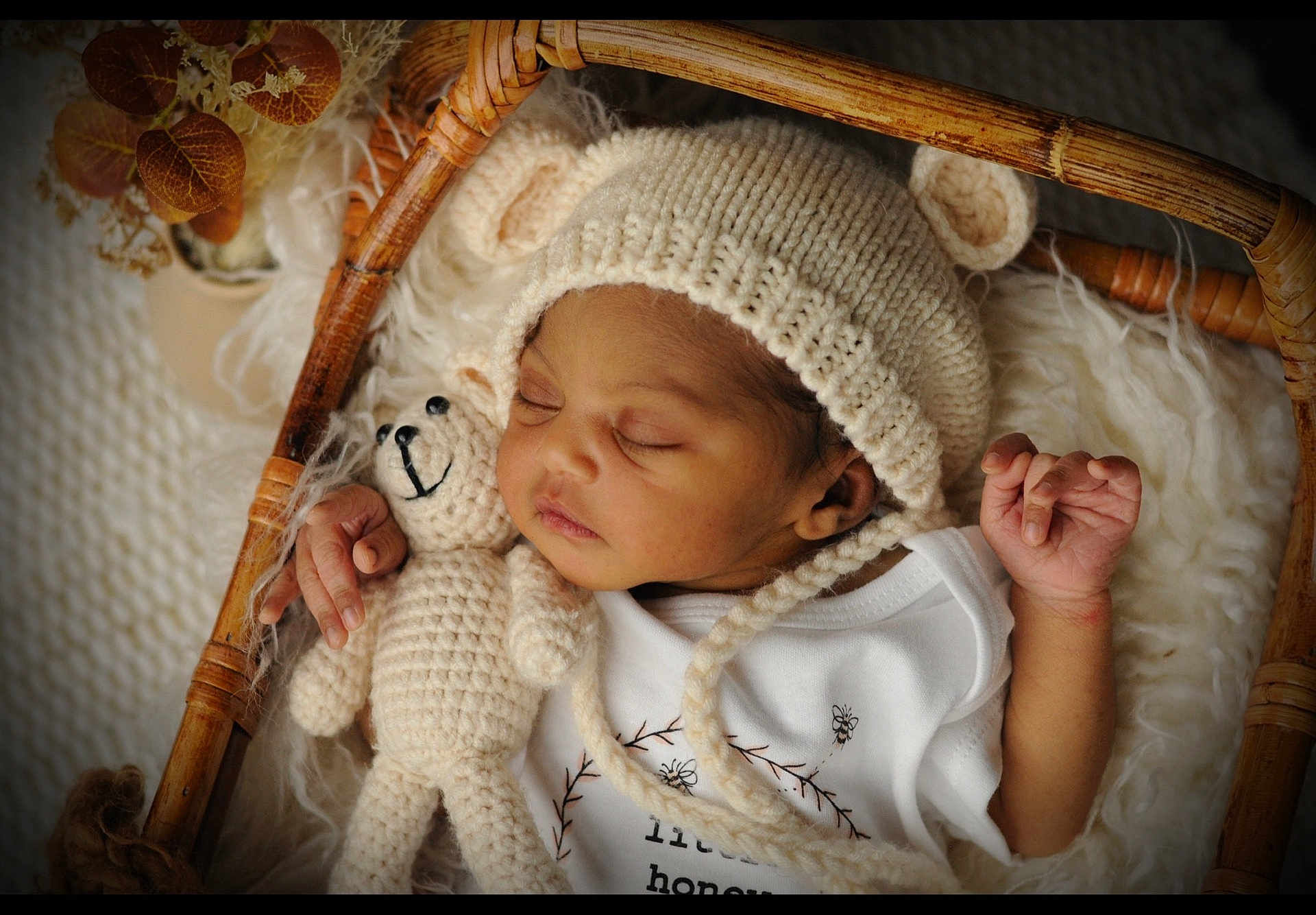 Rose-Shaina joined the competition — help win amazing prizes! baby, sleeping, knitted_hat, bear_ears, crocheted_toy, teddy_bear, wicker_basket, blanket, soft_texture, peaceful, infant, white_clothing, hand, face, cute, newborn, cozy, portrait, resting, child