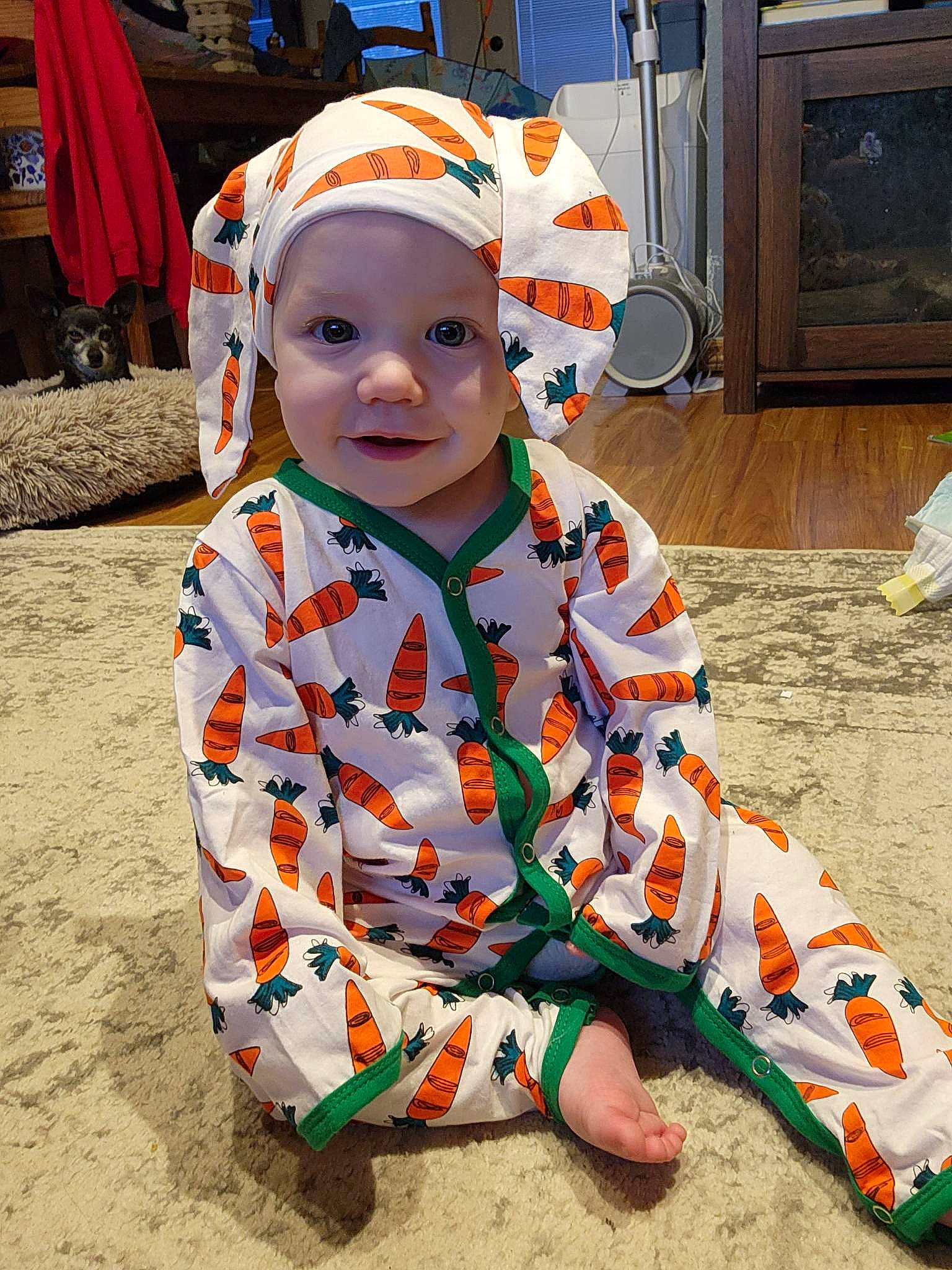 Ely is registered to the contest to win money with this photo: baby, baby_toddler_clothing, child, costume, flooring, fun, happy, headwear, home_appliance, kitchen_appliance, mechanical_fan, orange, pajamas, pattern, person, personal_protective_equipment, play, sitting, sleeve, soil