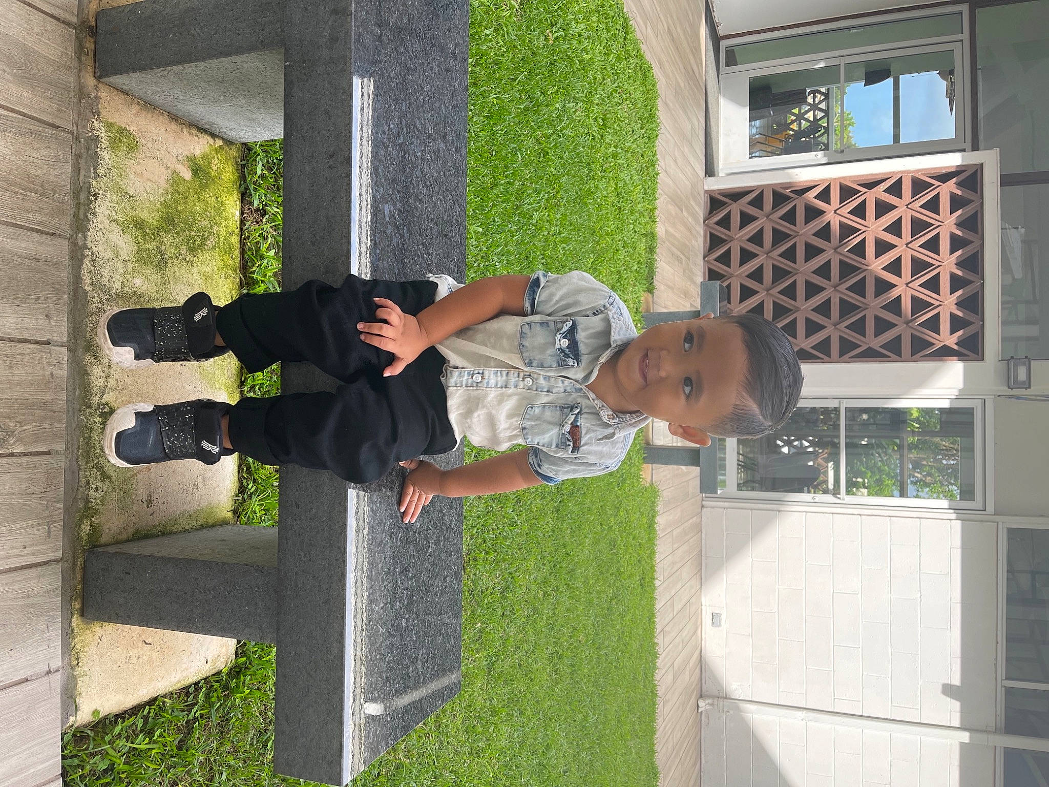 Hercules is registered to the contest to win money with this photo: building, facade, fun, grass, green, hat, house, lawn, leisure, mammal, person, plant, porch, shadow, smile, t_shirt, toddler, tree, walking_shoe, window