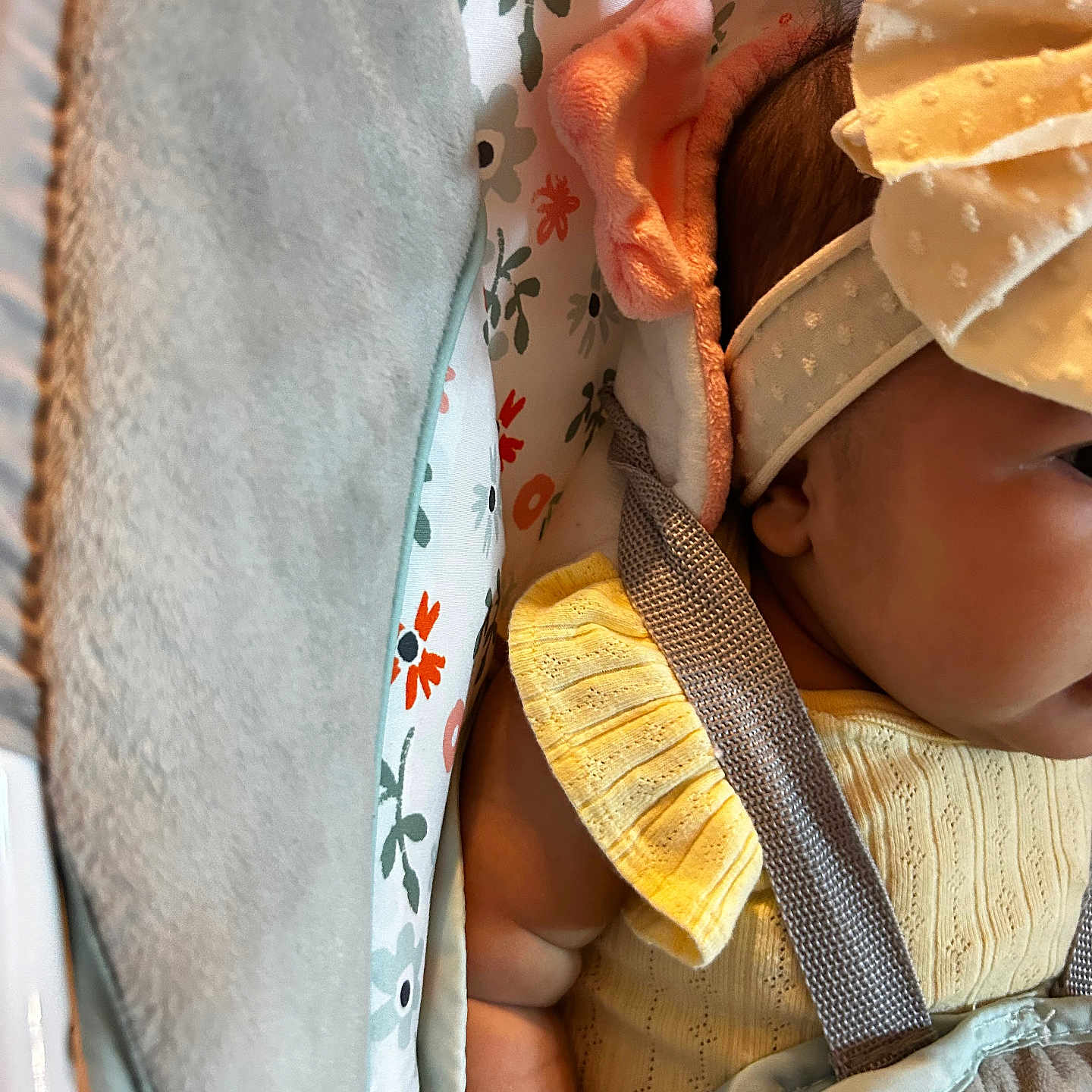 Ekna joined the competition — help win amazing prizes! baby, baby_arm, baby_face, baby_seat, blanket, child, closeup, comfort, cute, fabric, floral_pattern, headband, indoors, infant, nap_time, portrait, soft_toys, straps, texture, yellow_clothing