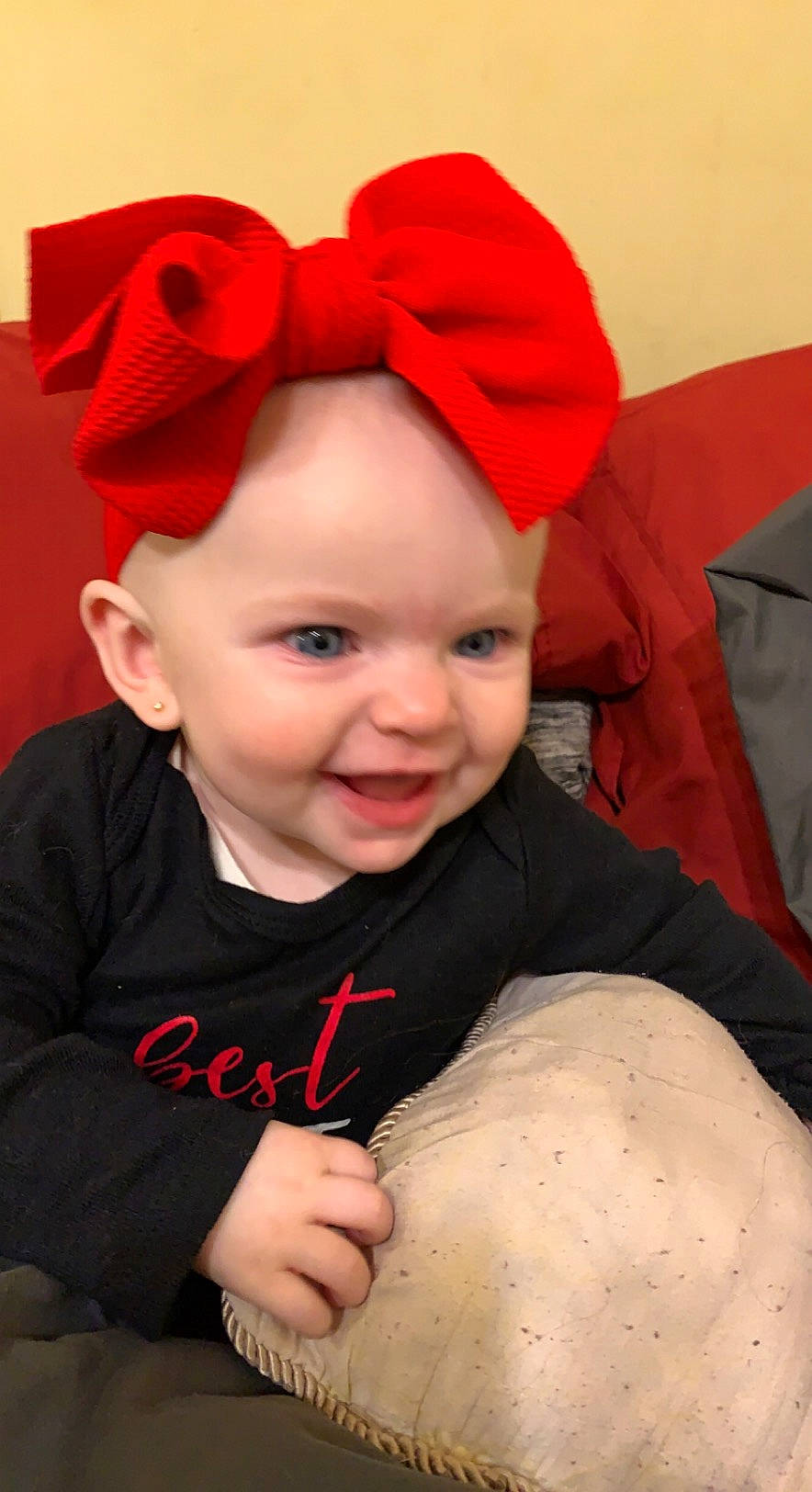 Skyler joined the competition — help win amazing prizes! baby, baby_toddler_clothing, cheek, chin, costume_hat, eye, face, happy, head, joy, lip, mammal, outerwear, person, pink, red, skin, sleeve, smile, textile