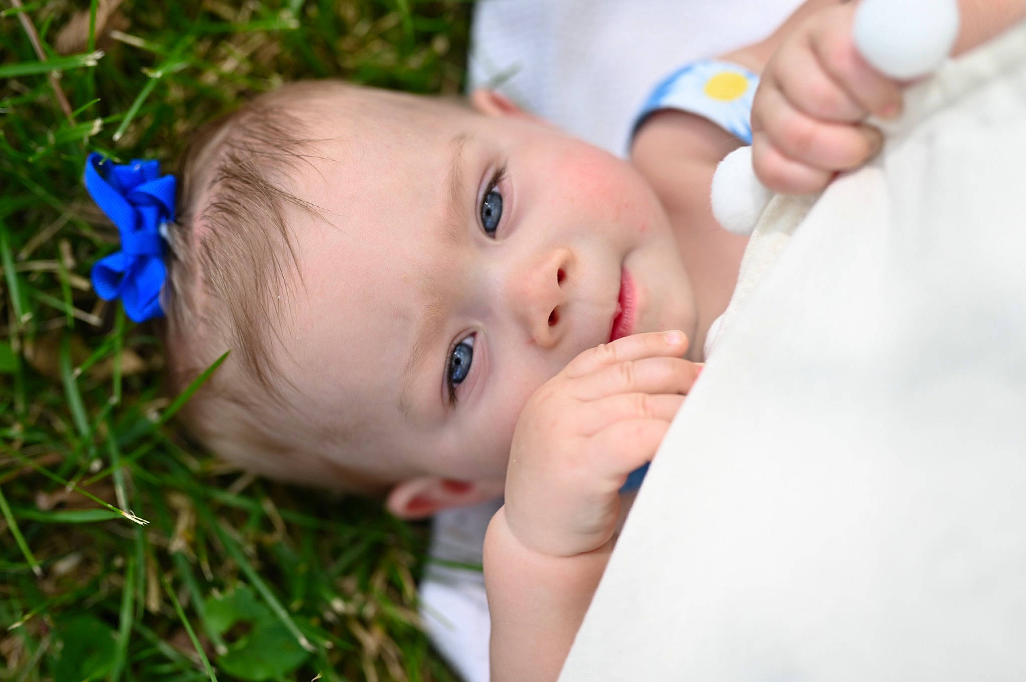 Bonnie is registered to the contest to win money with this photo: azure, baby, baby_toddler_clothing, cheek, child, electric_blue, eye, eyelash, face, finger, gesture, grass, happy, leisure, nail, people_in_nature, person, skin, thumb, toddler