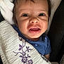 Violet joined the competition — help win amazing prizes! baby, infant, face, eyes, mouth, blanket, embroidery, clothing, blue, polka_dot, skin, head, cute, child, portrait, young, cozy, expression, indoor, closeup