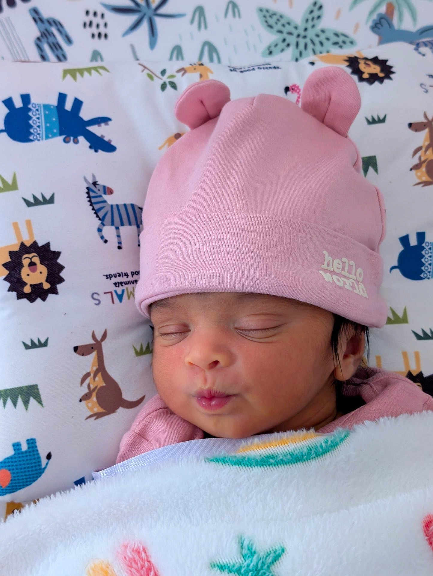 Rysa is registered to the contest to win money with this photo: animal_print, baby, blanket, child, closed_eyes, cozy, cute, face, headwear, indoors, infant, newborn, nursery, peaceful, pillow, pink_hat, portrait, sleeping, soft, wrapped