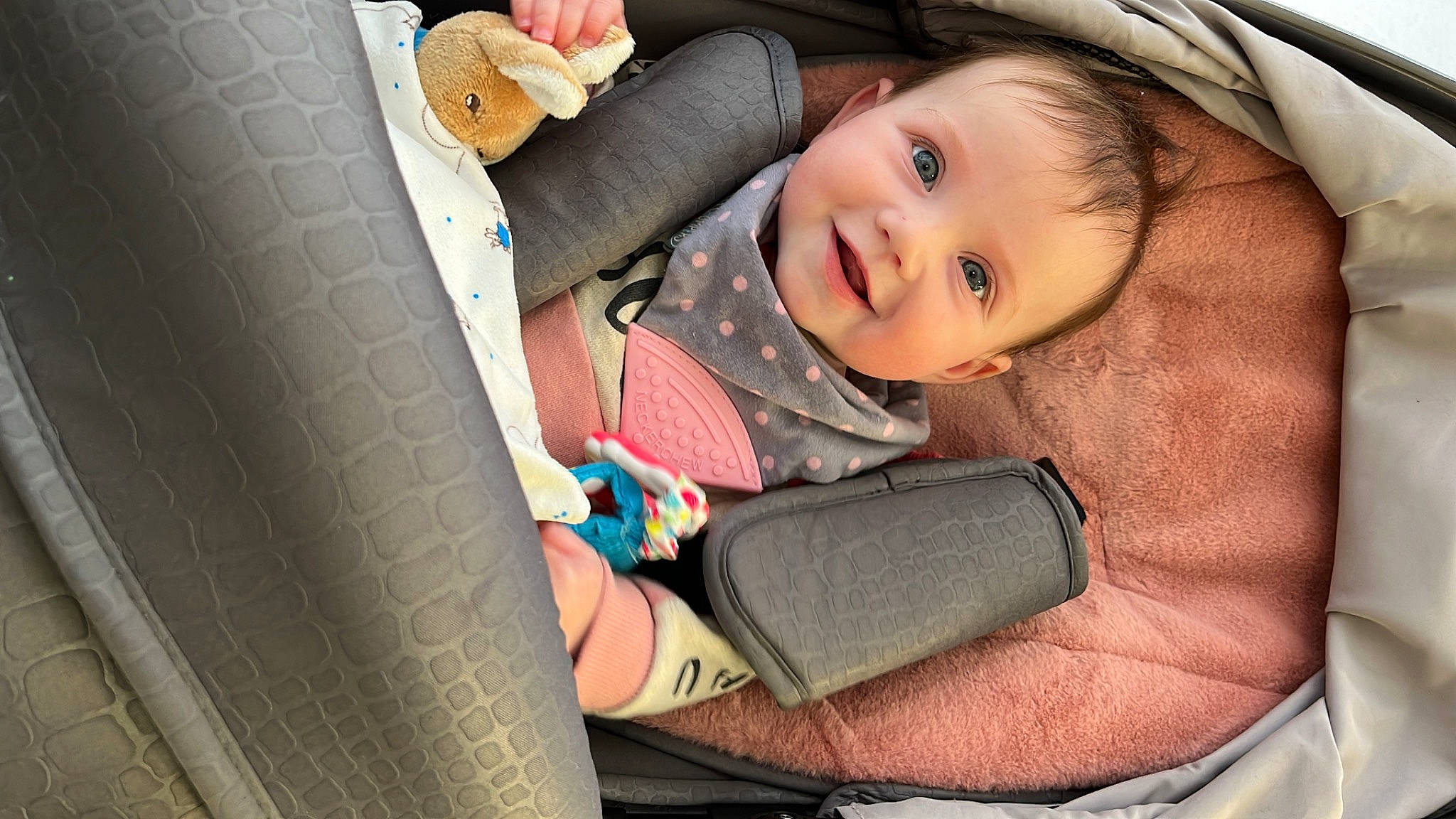 Lillie-mae joined the competition — help win amazing prizes! auto_part, baby, baby_carriage, baby_in_car_seat, baby_products, car, car_seat, cheek, child, comfort, finger, human_body, joy, motor_vehicle, person, skin, smile, toddler, tree, vehicle