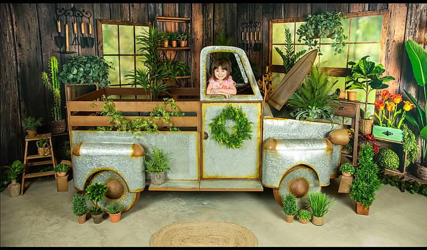 Kayla is registered to the contest to win money with this photo: automotive_design, classic, couch, dress, flowerpot, garden, grass, houseplant, joy, landscape, landscaping, leisure, motor_vehicle, outdoor_furniture, person, plant, terrestrial_plant, tire, toy, truck